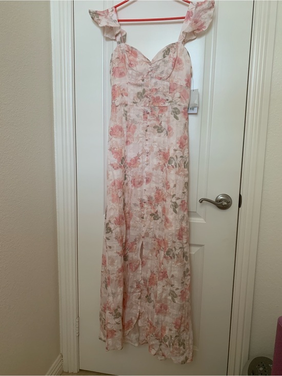 Guess Dresses & Skirts - NWT Guess Sweetest Rose Print Pink Linen Blend Maxi Dress Size 2 Flutter Sleeve